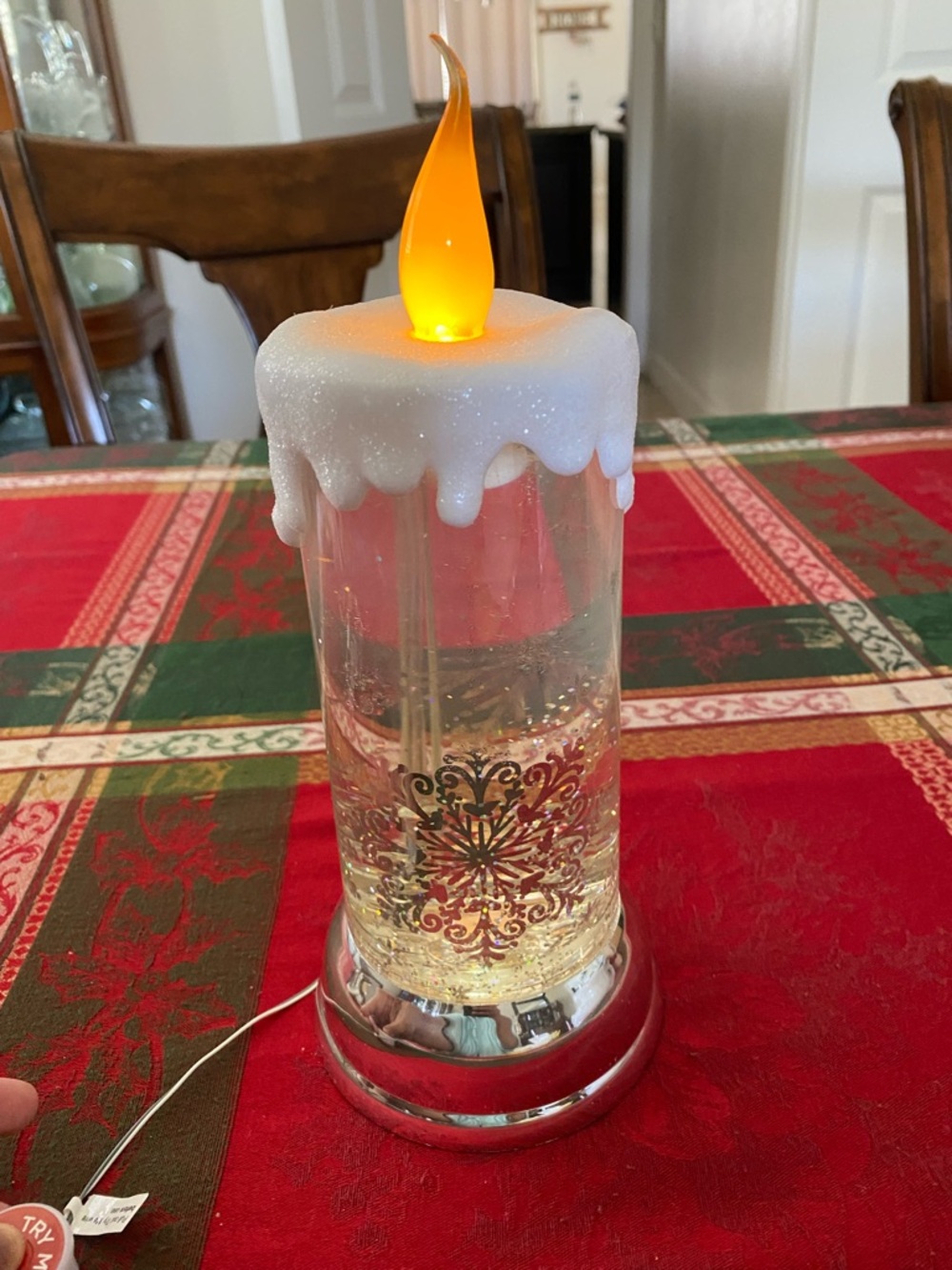LED Amber Flame Candle with Glittery Snow Globe Flake Design 10”